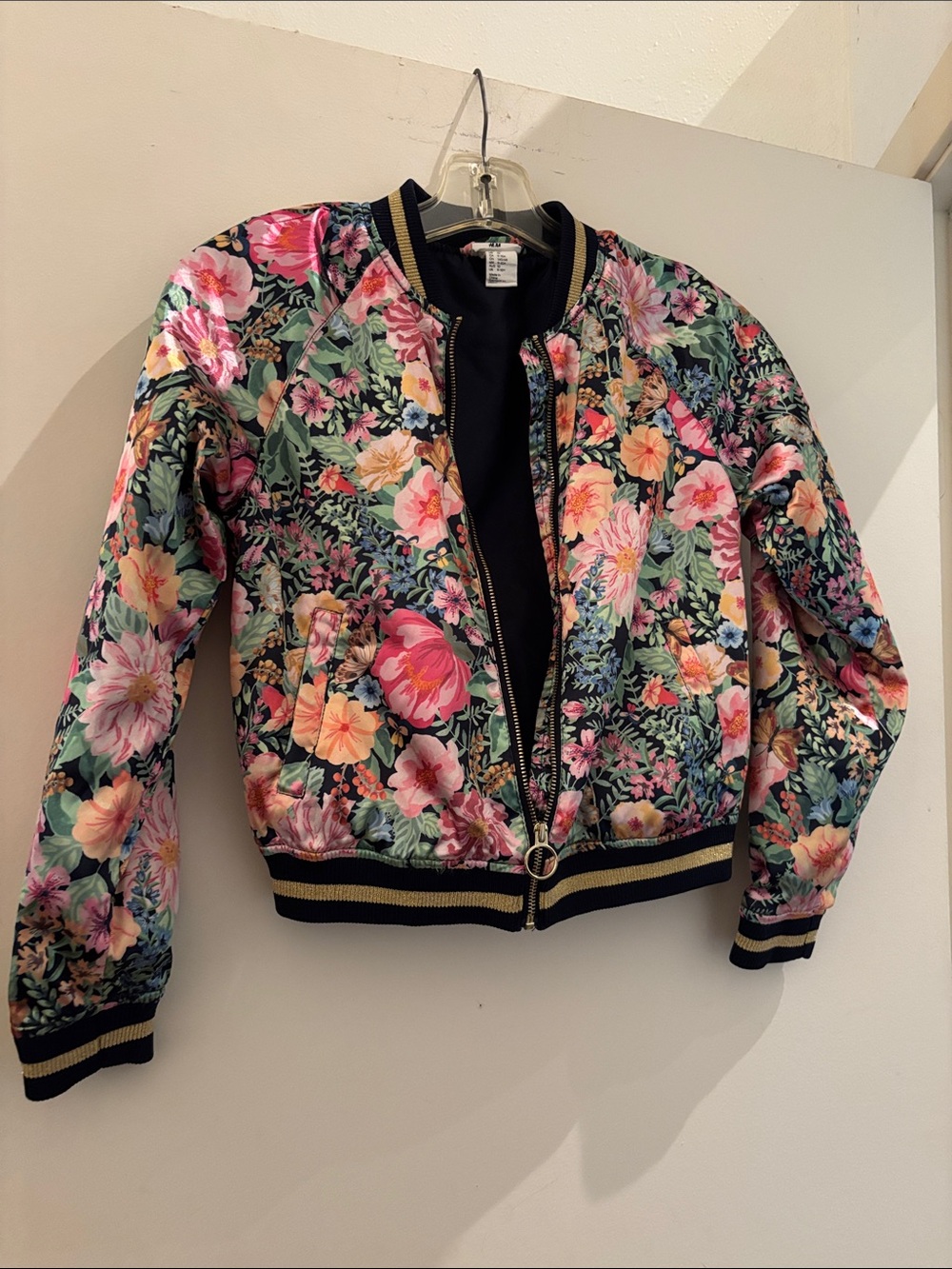 H&M Floral Bomber Jacket - Black with Pink & Green